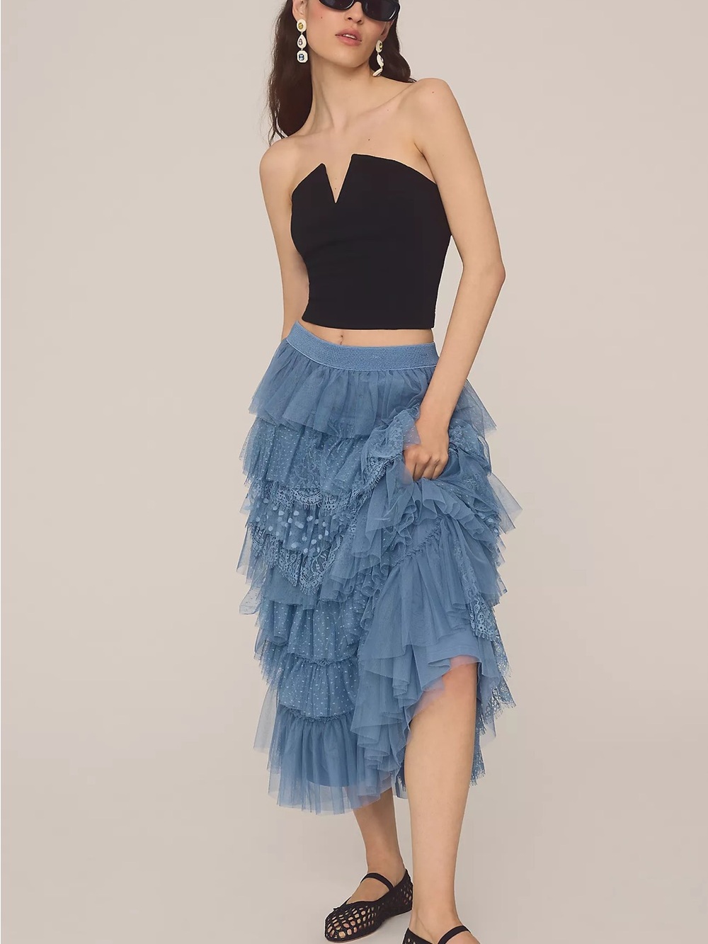 Anthropologie Ruffled Tulle Lace Midi Skirt Dusty Blue XS $148